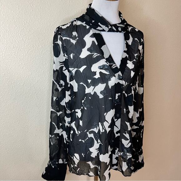 Jason Wu navy blue white floral neck tie sheer flowy button front blouse 14 - Picture 4 of 10